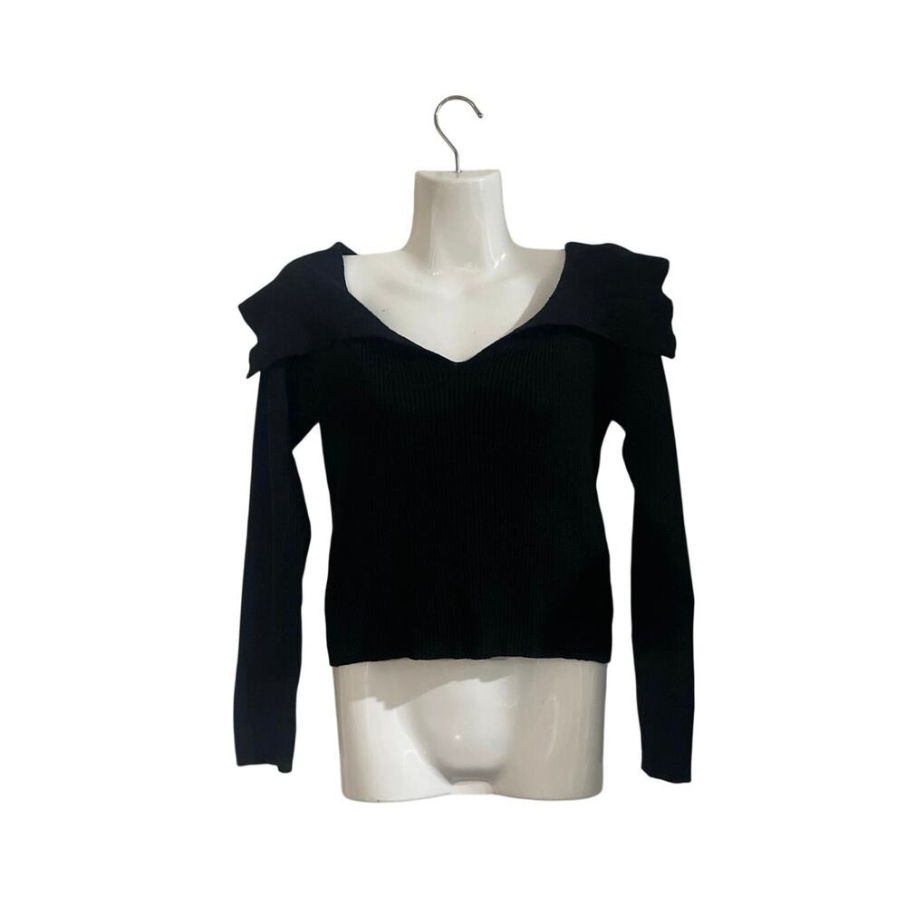 Steve Madden Black Ribbed Long Sleeve Collar Knit Top SZ S Form Fitted Y2K Chic
